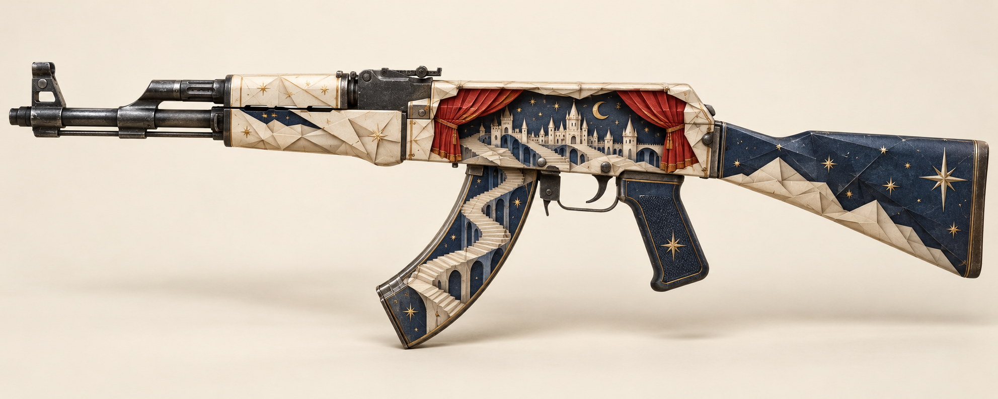 Paper Kingdom AK-47 concept with vermilion paper theater artwork